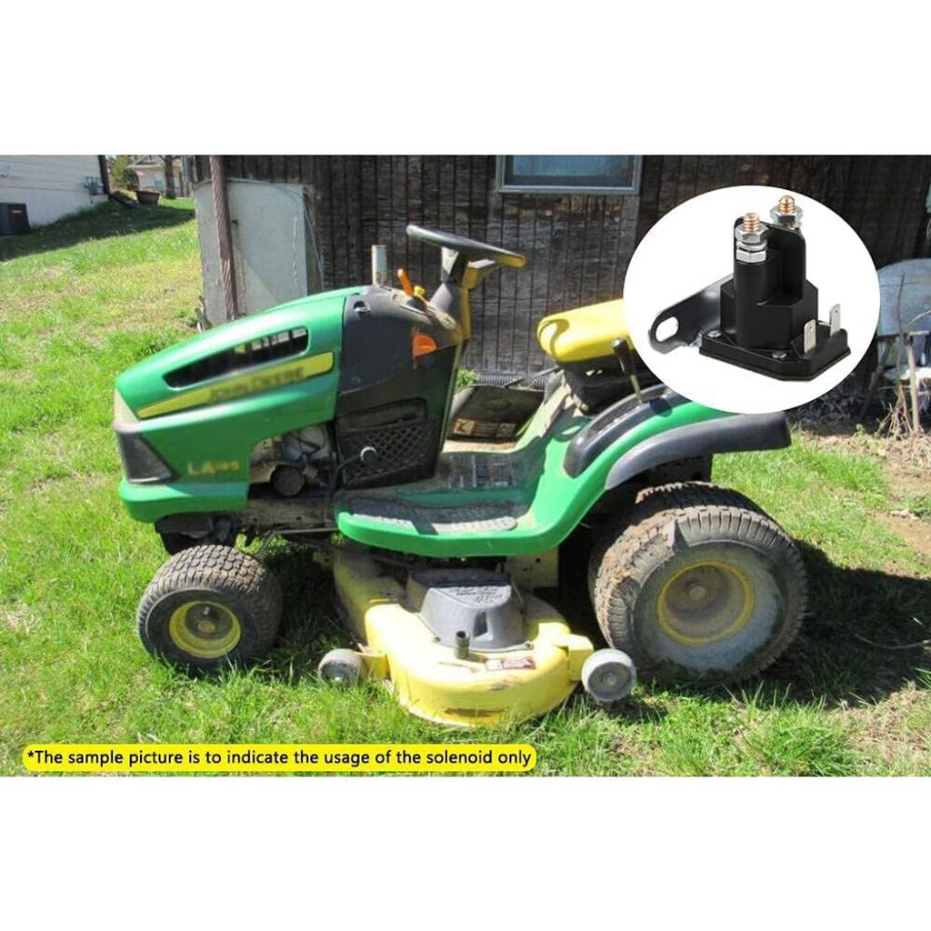 Starter relay solenoid mounted on mower engine area; inset shows dual copper terminals