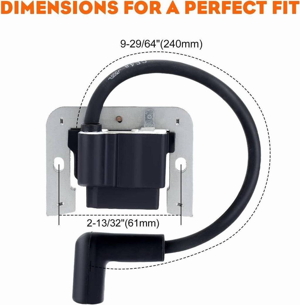 Ignition coil module and black cable, with metal mounting brackets and size guide.