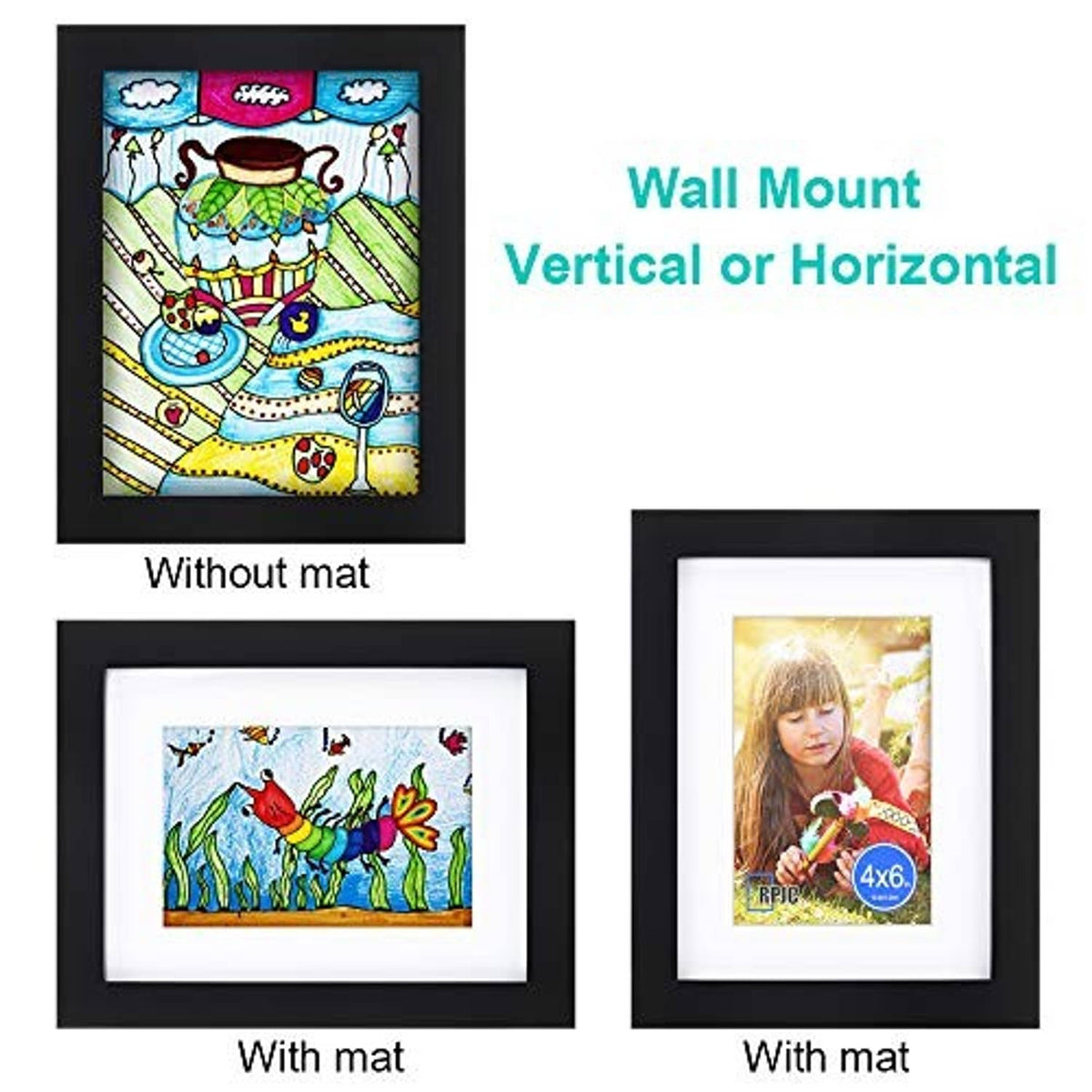 Black picture frame layouts showing with-mat and without-mat photos