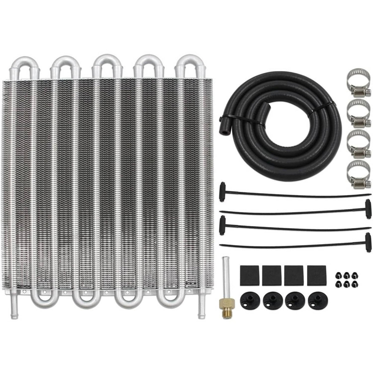 Aluminum oil cooler radiator with hose coil, mounting bolts, and clamp set