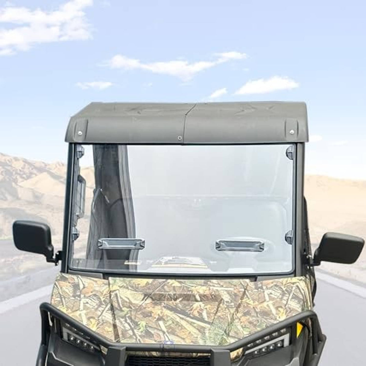 Front UTV windshield with clear panel and dark frame, full front vented design