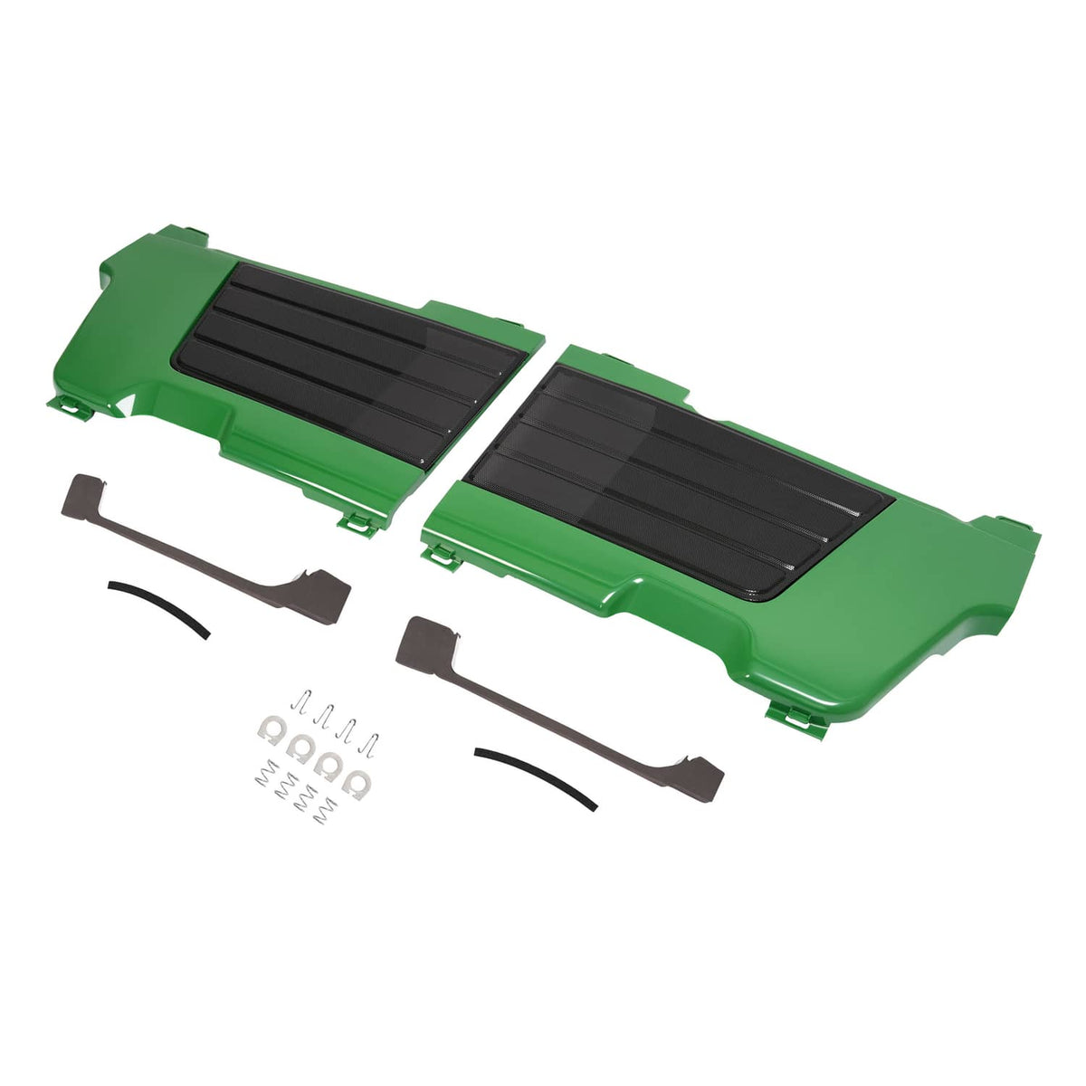 Green screen grille panels with black mesh inserts plus mounting brackets and springs