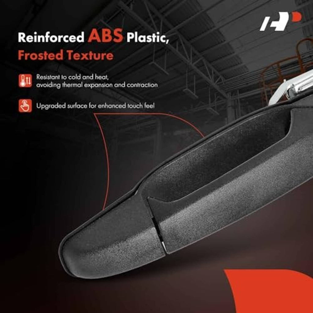 Textured black exterior door handle with frosted surface and integrated latch opening