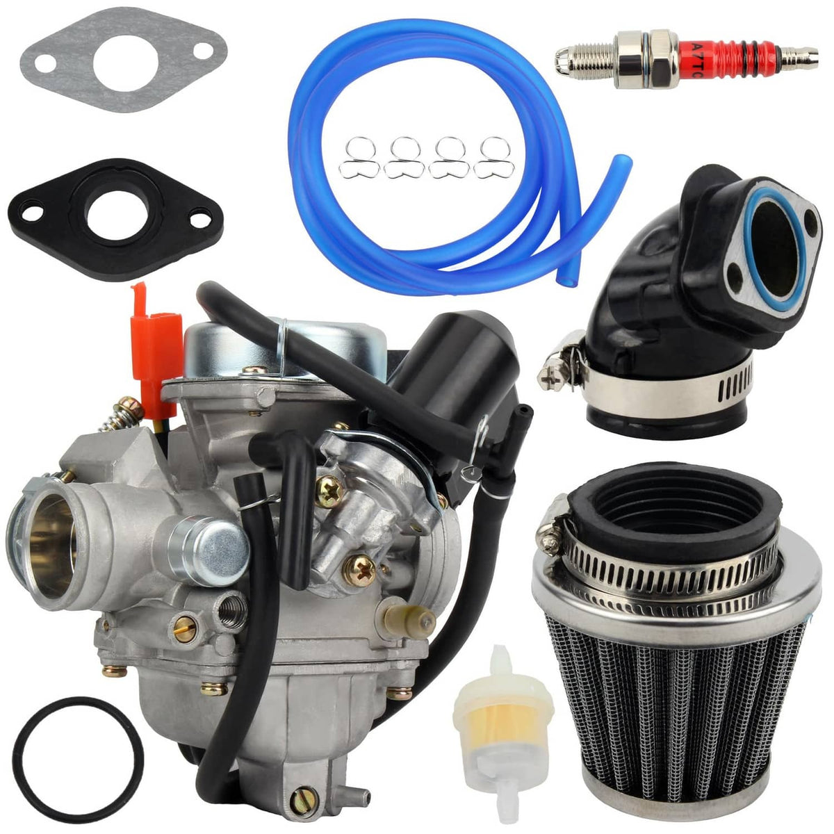 Carburetor kit with 24mm carburetor, manifold, air filter, blue fuel line hoses
