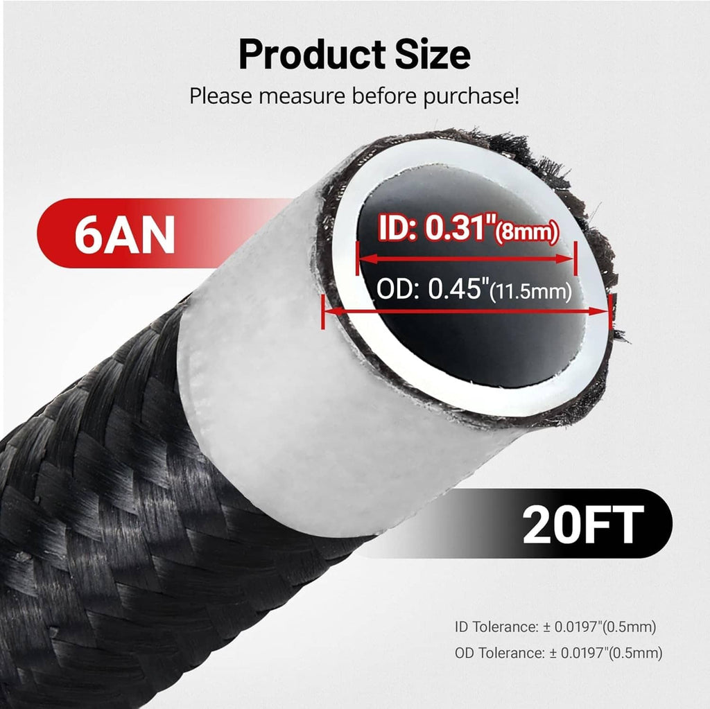 Black braided 6AN PTFE fuel hose with white inner liner, end cross-section