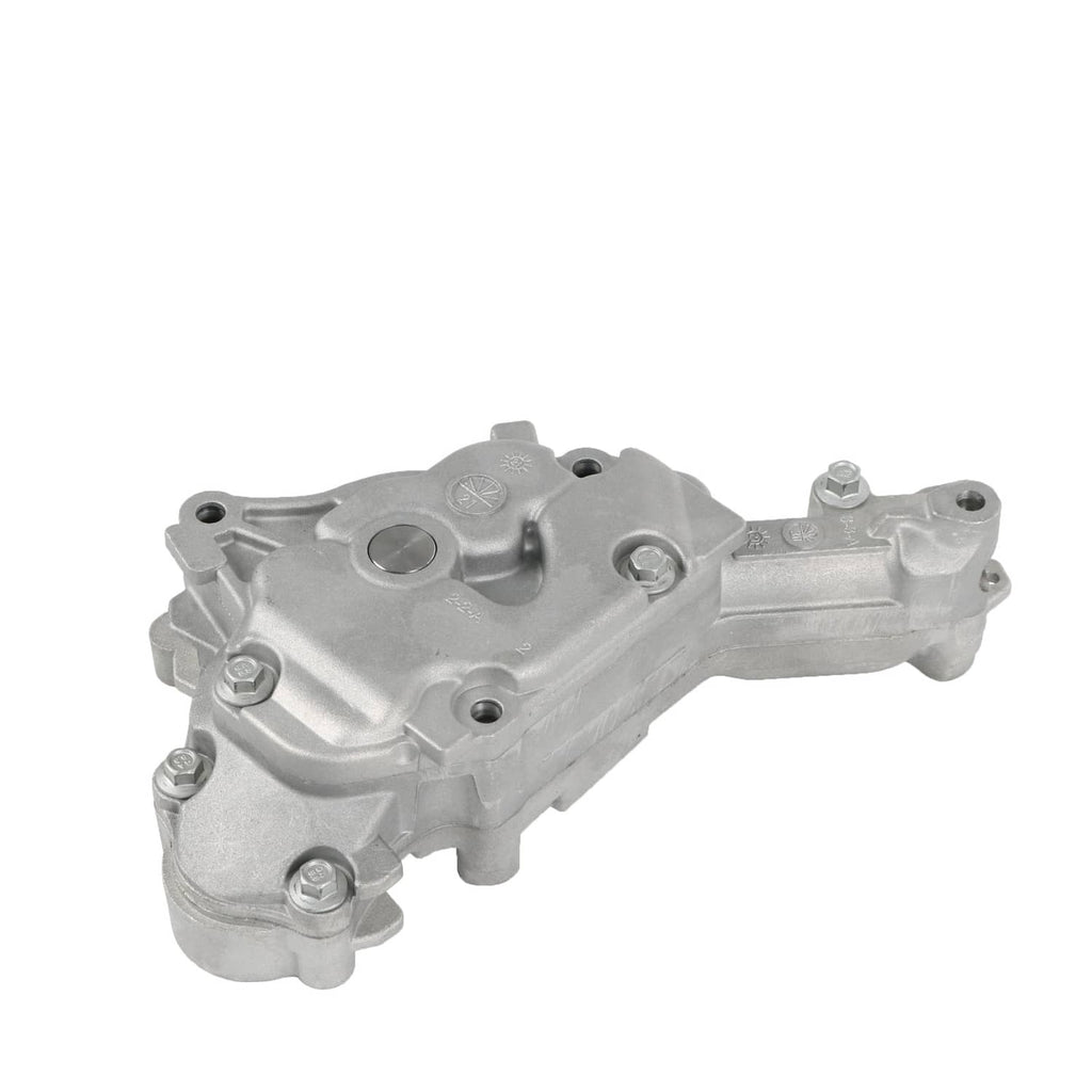 Engine oil pump assembly with circular cap detail and mounting bolt holes