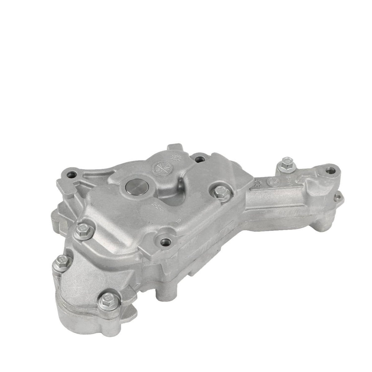Engine oil pump assembly with circular cap detail and mounting bolt holes