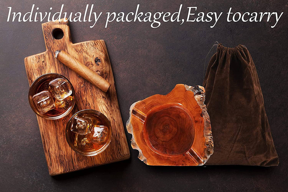 Wooden cigar ashtray with circular bowl and cigar holder, shown with accessories in pouch