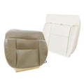 Beige front driver seat bottom cover with tan foam cushion and stitched panels