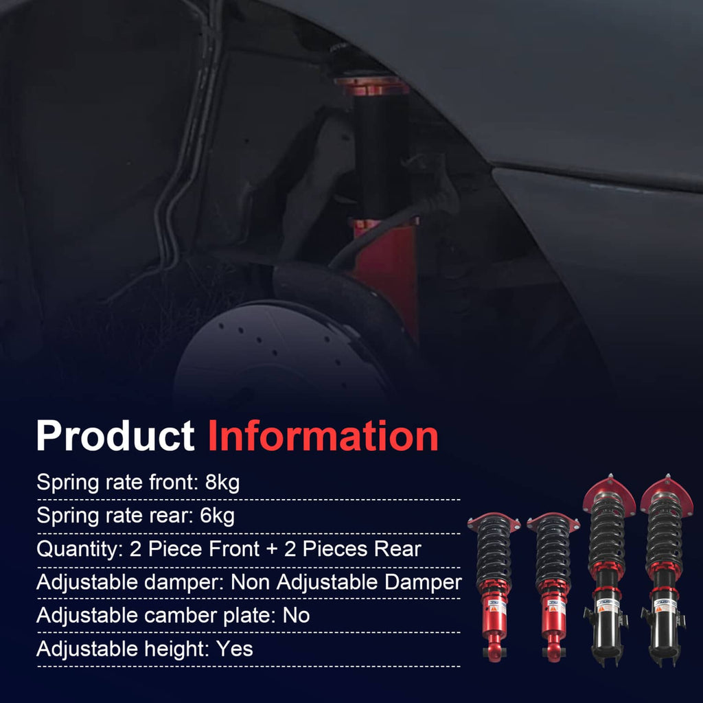 Coilover strut set showing four red-and-black shocks with coiled springs