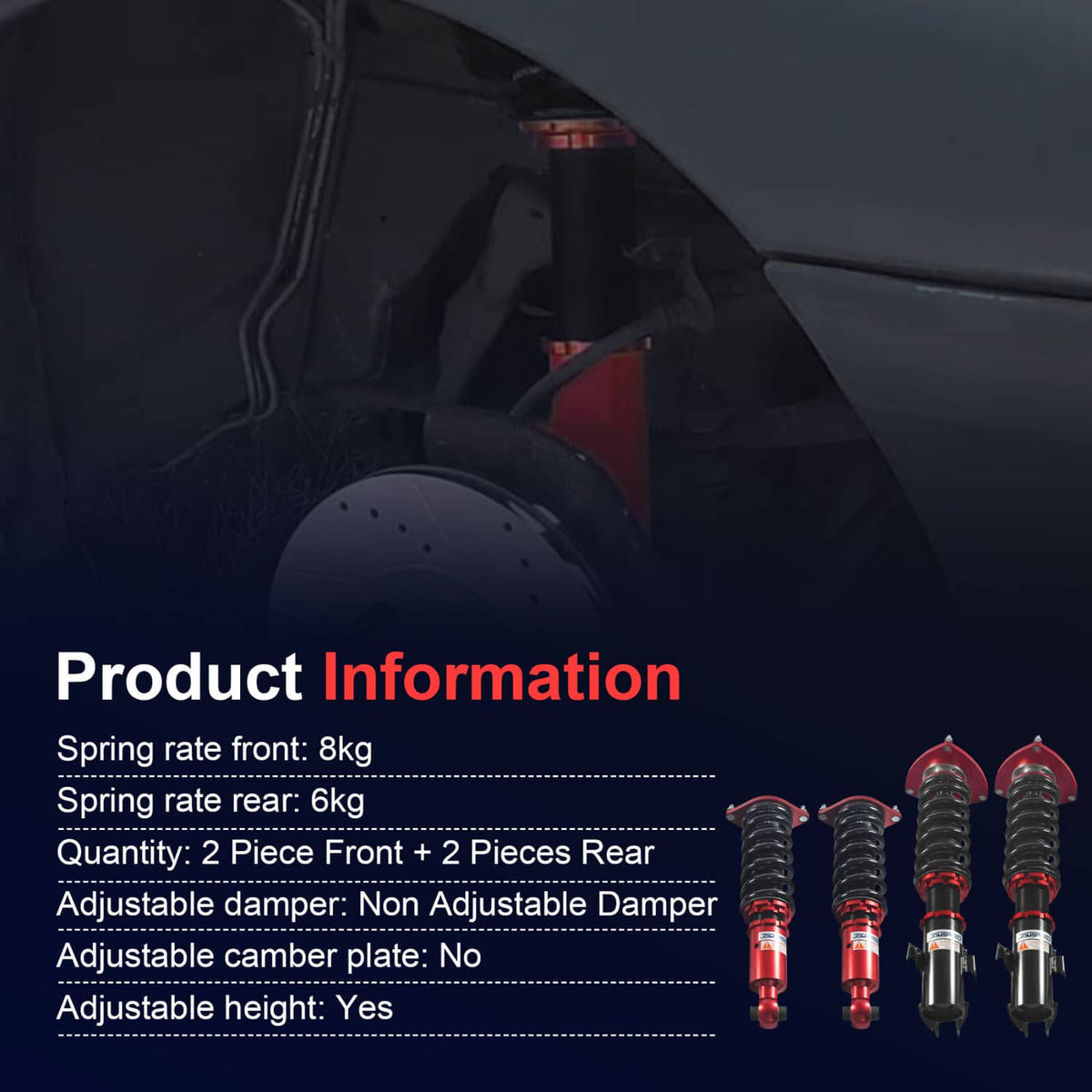 Coilover strut set showing four red-and-black shocks with coiled springs