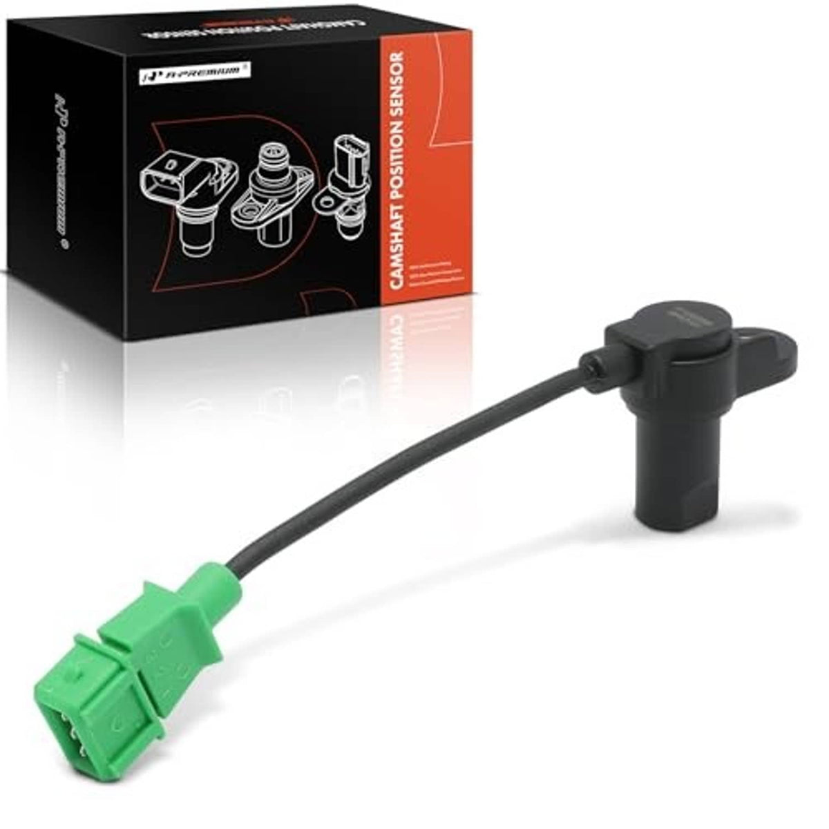 Camshaft position sensor with black housing and green electrical plug on cable