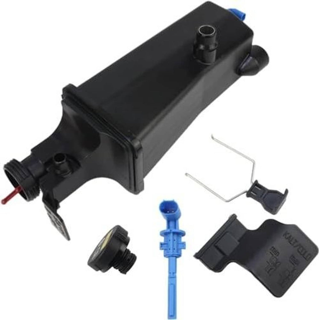 Black coolant reservoir tank assembly with sensor, blue valve, and mounting clips