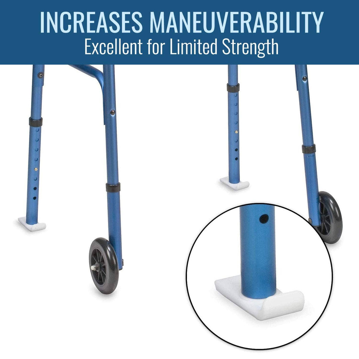White ski glide pads under blue walker legs with flat base