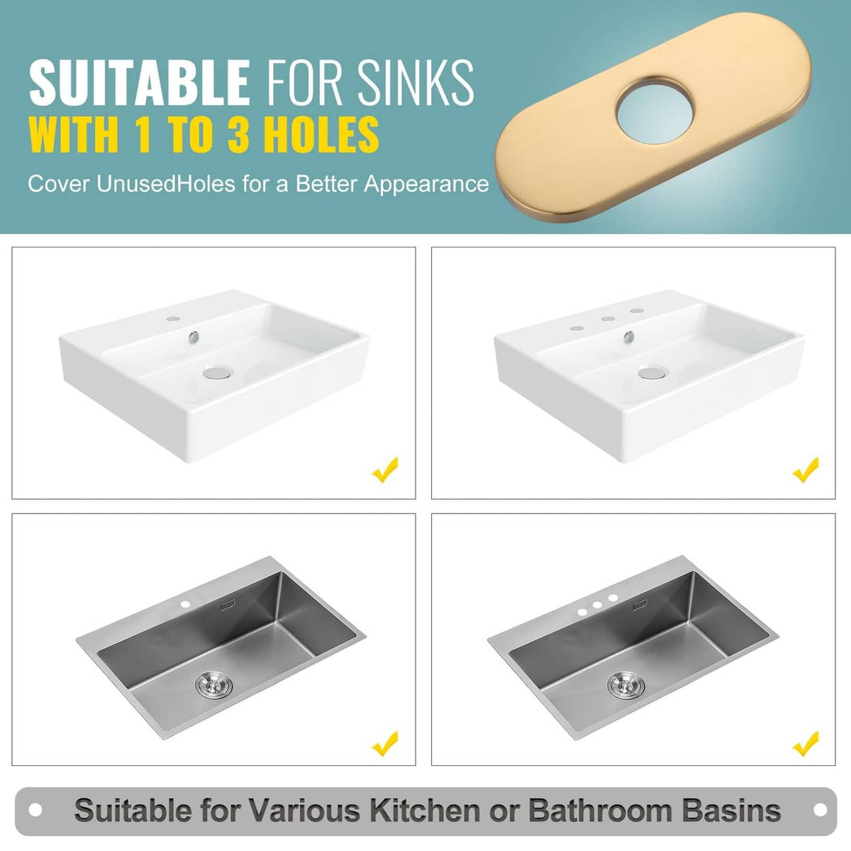 Gold oval deck plate cover for sinks with 1 to 3 holes, circular opening
