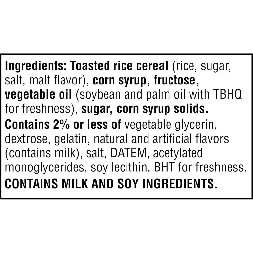 Ingredients label for toasted rice cereal bar, notes milk and soy ingredients