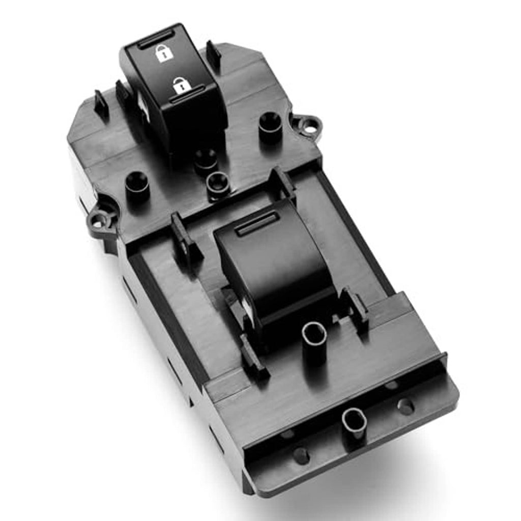 Power window switch module from side angle, black housing with wiring connector openings.