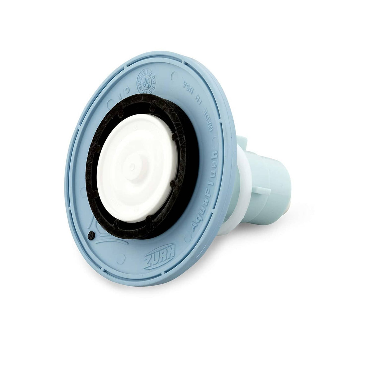 Light blue flush valve with white inner diaphragm and black gasket ring