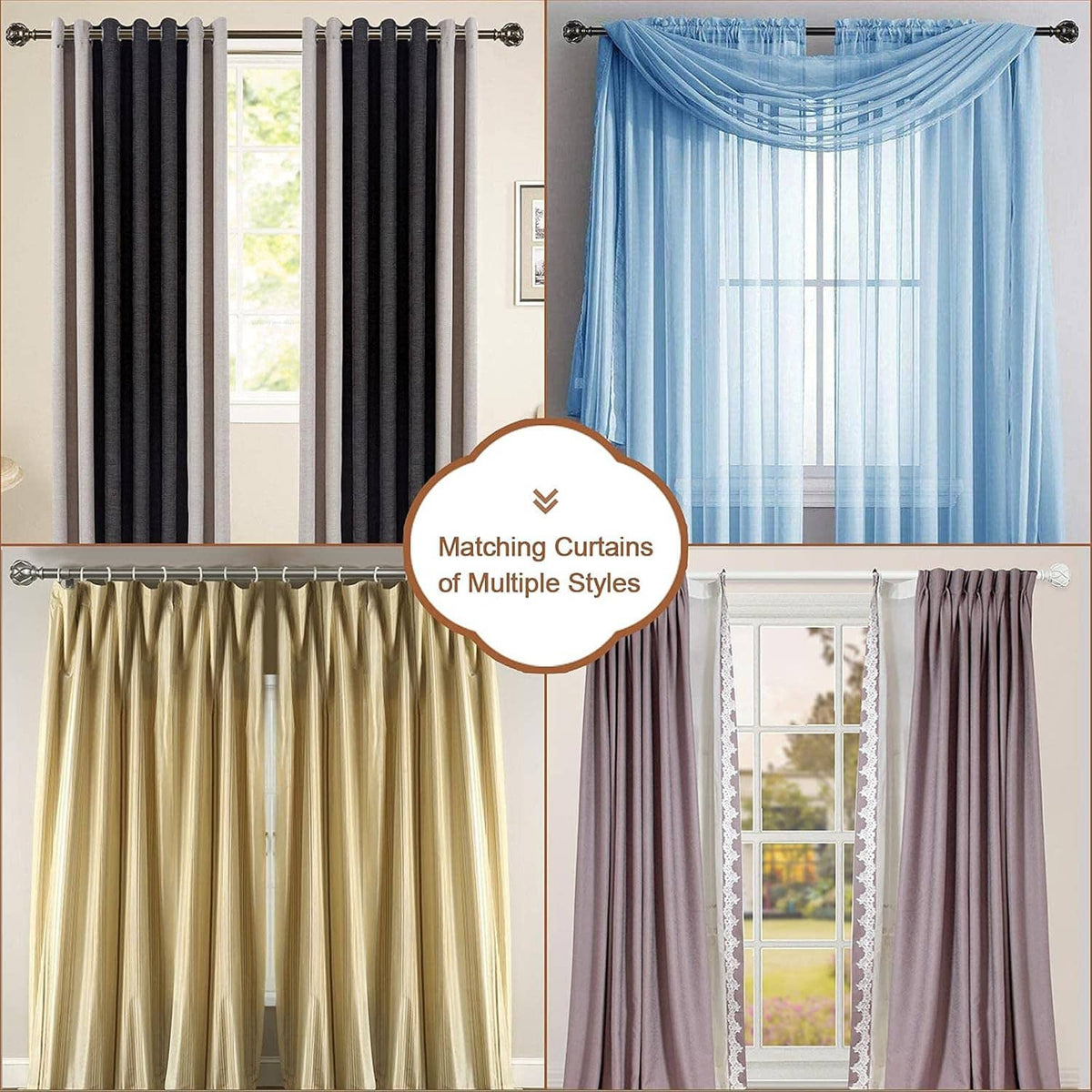 Decorative curtain rod finials on top rod, shown with matching curtain colors