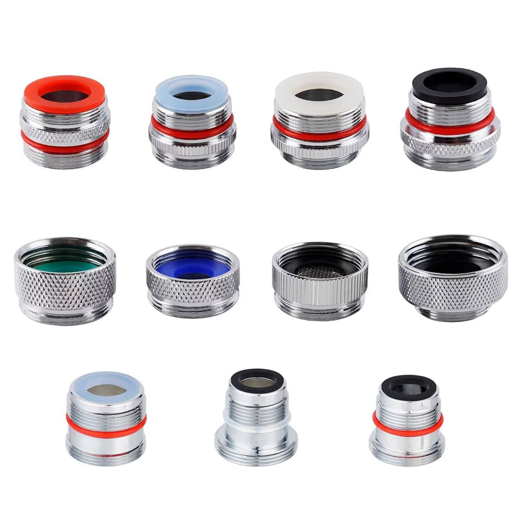 Chrome faucet aerator adapters with rubber seals, assorted fitting sizes in a set