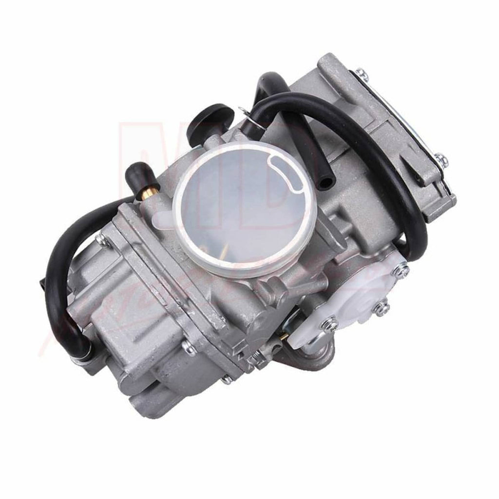 Carburetor assembly close-up with circular choke cover and black intake hose