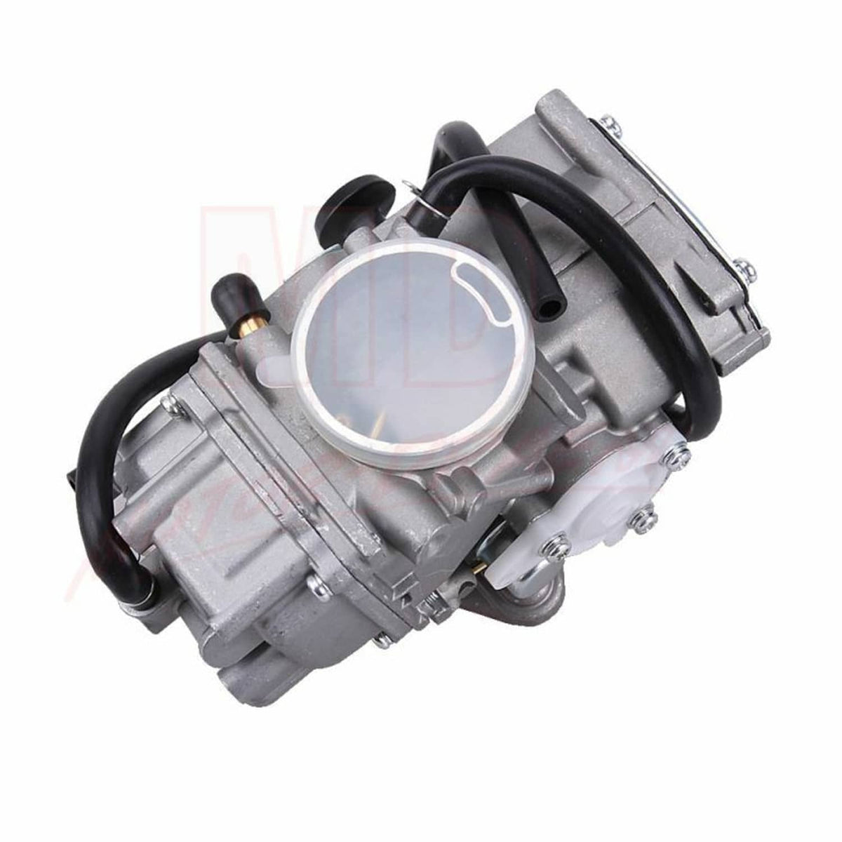 Carburetor assembly close-up with circular choke cover and black intake hose