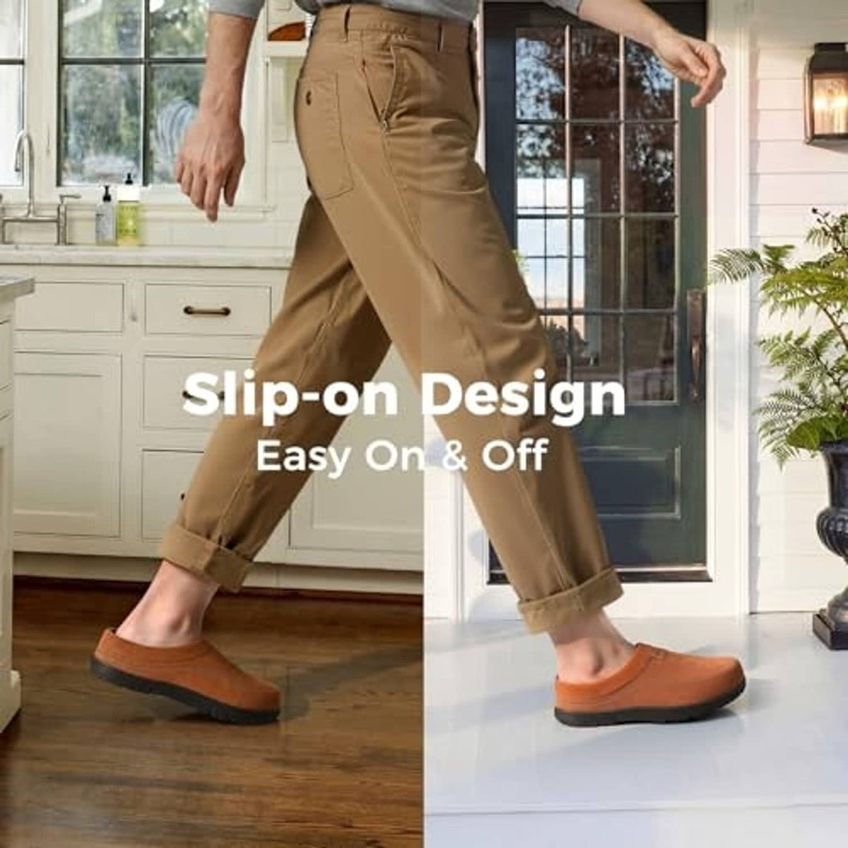 Tan men's slip-on moccasin house shoes worn on wooden floor