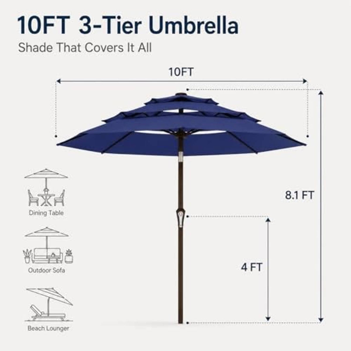 Diagram of 10ft navy 3-tier umbrella with 8.1 ft canopy and 4 ft pole height
