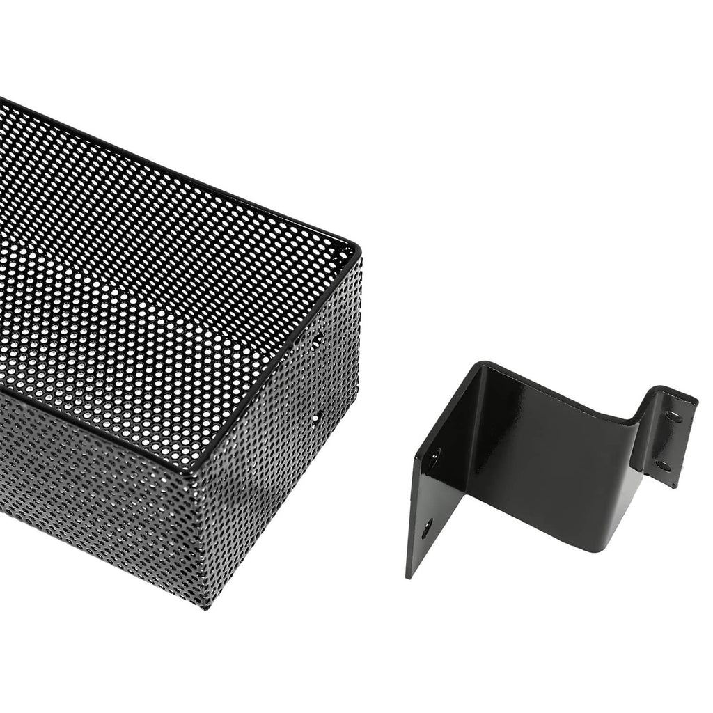 Black mesh storage tray corner with separate black mounting clip bracket