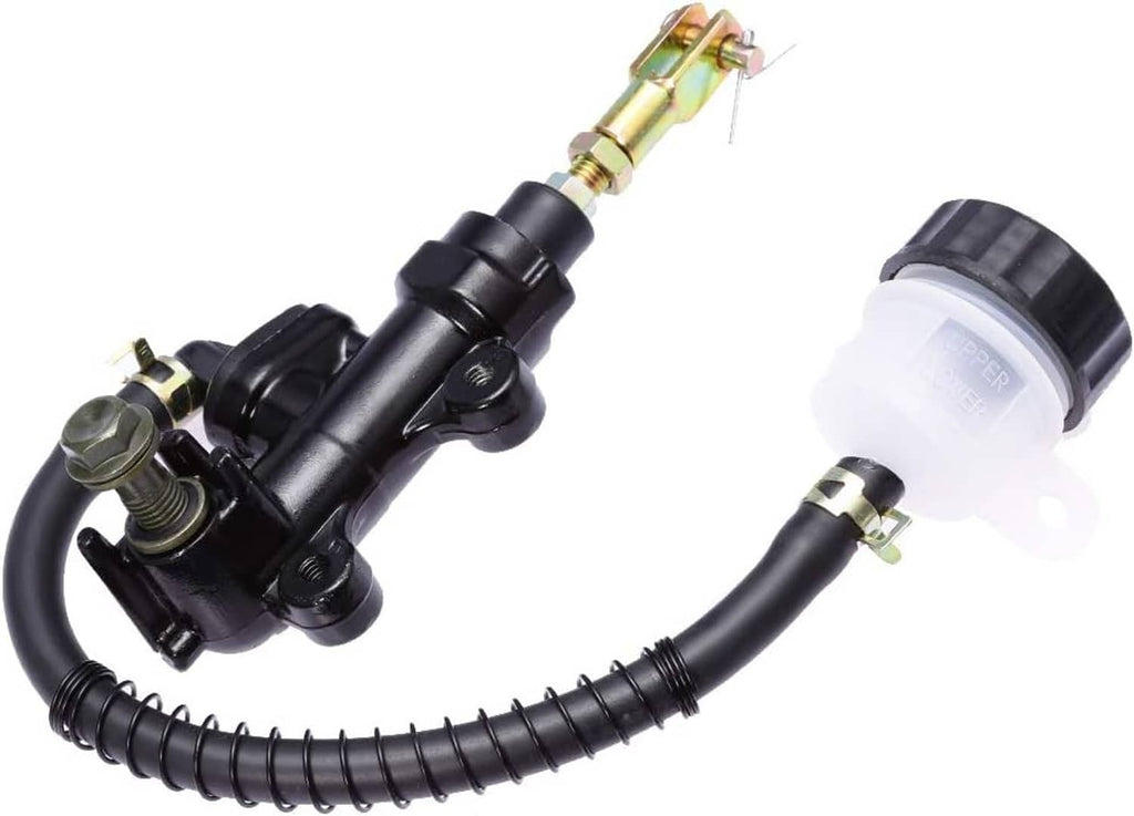 Rear brake master cylinder pump assembly with black bracket and flexible hoses