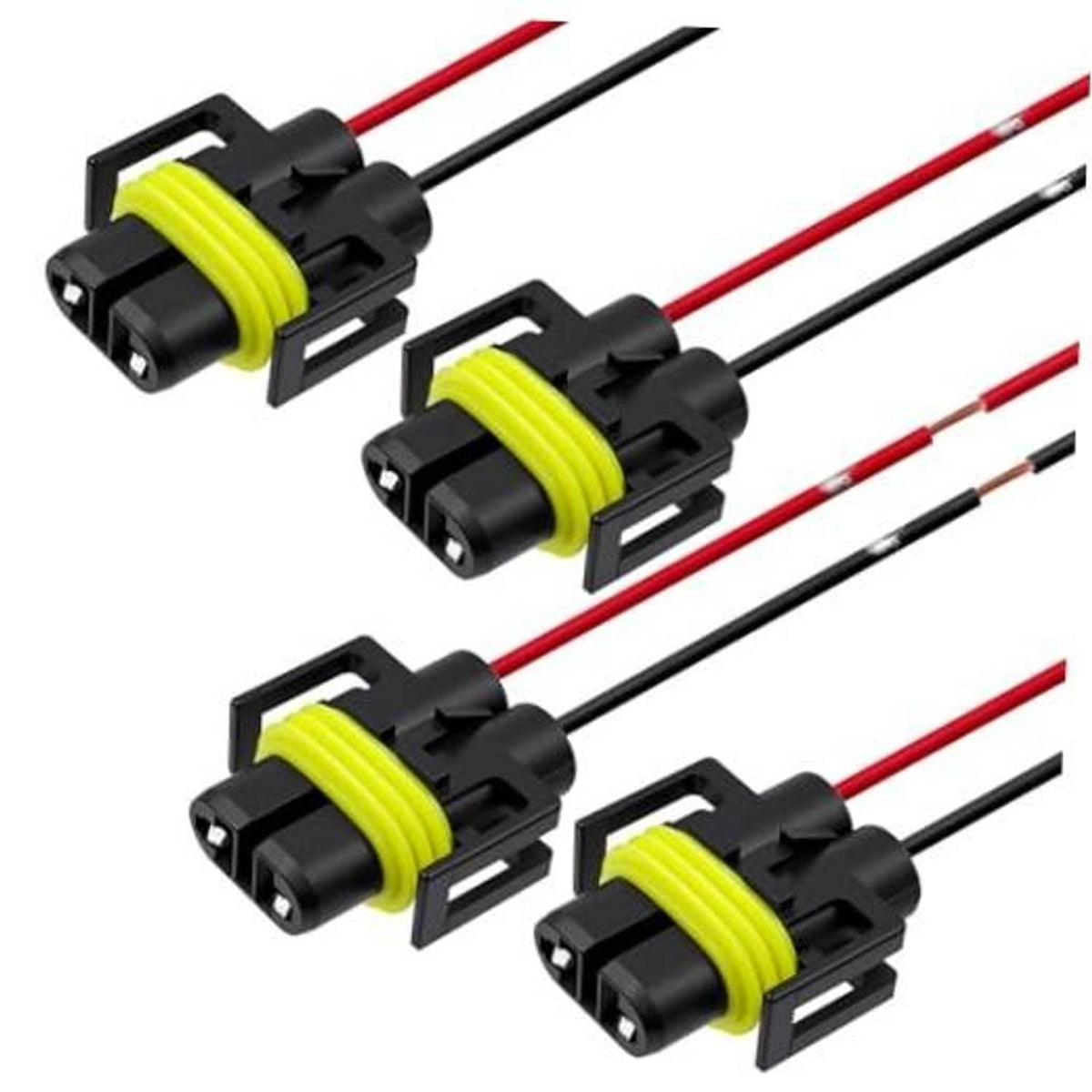 Set of four female pigtail wiring harness connectors with yellow rings and red/black wires