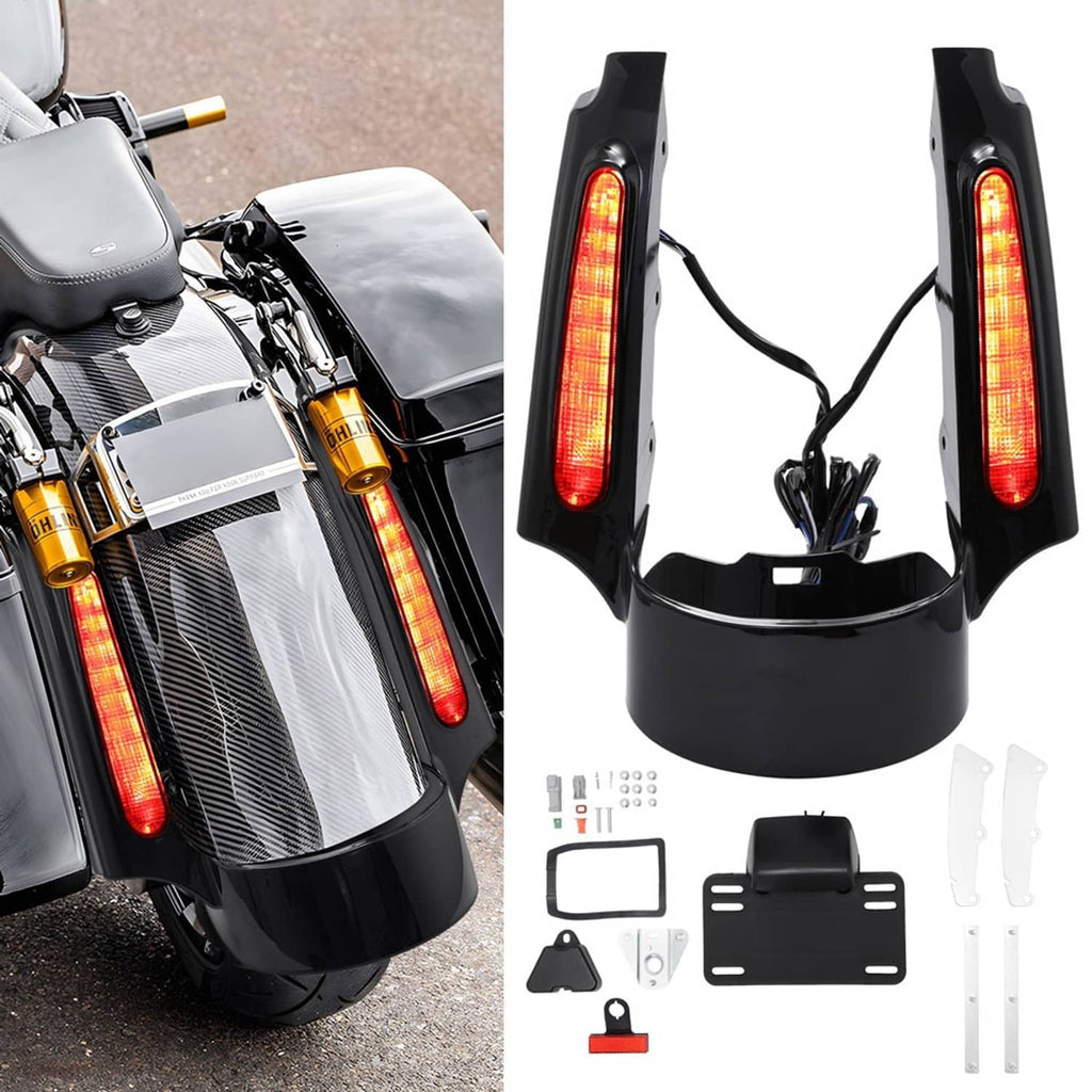 Black LED rear fender tail light with red vertical light strips and mounting frame