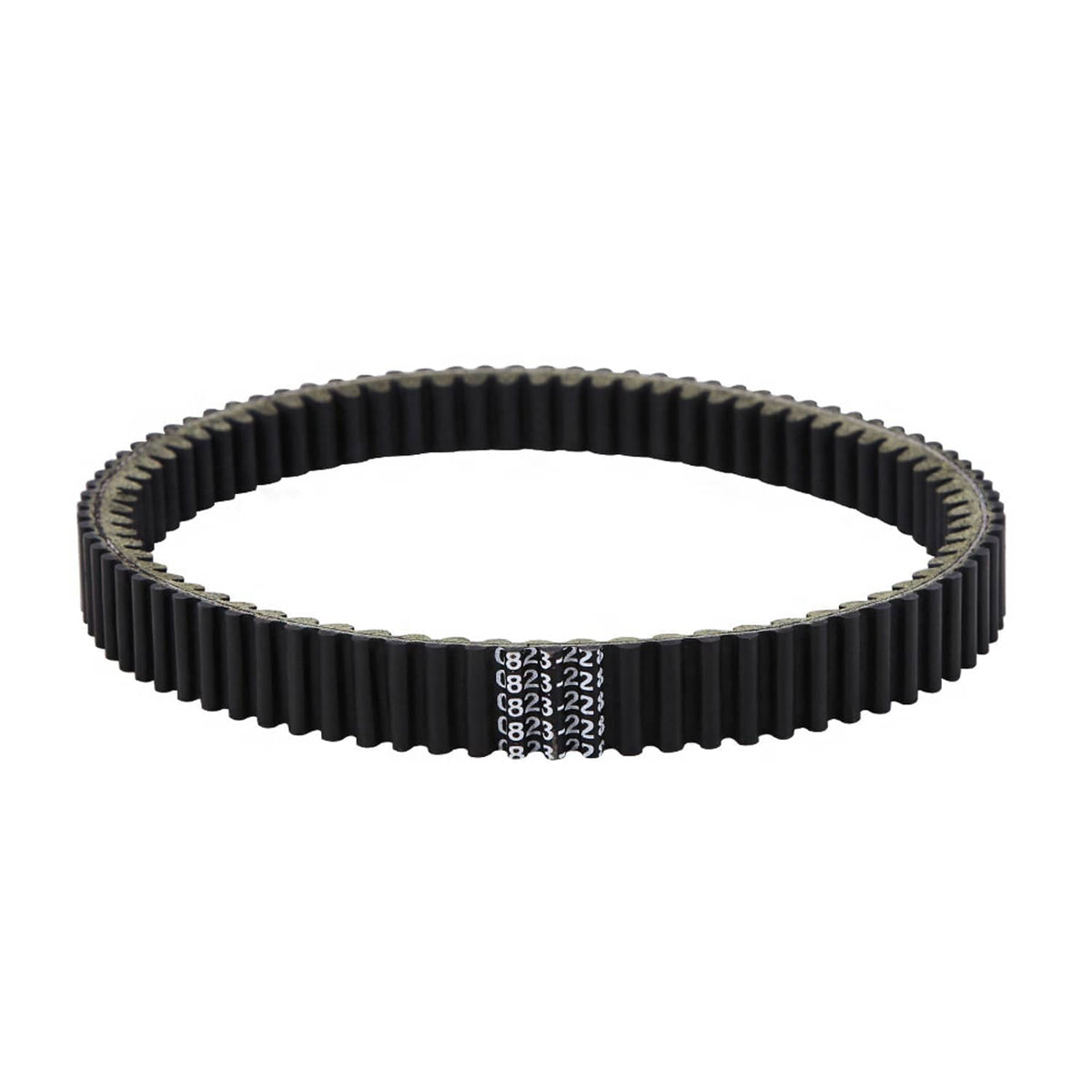 ATV drive belt with molded teeth and printed numbers on the inner side