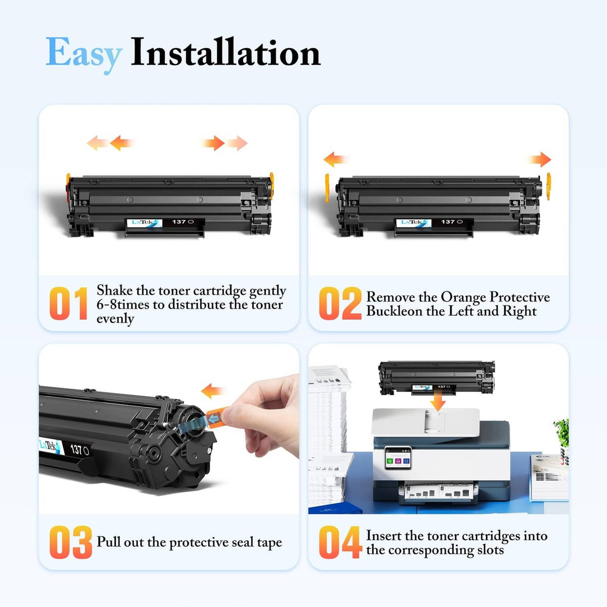 Black toner cartridges with step-by-step installation visuals