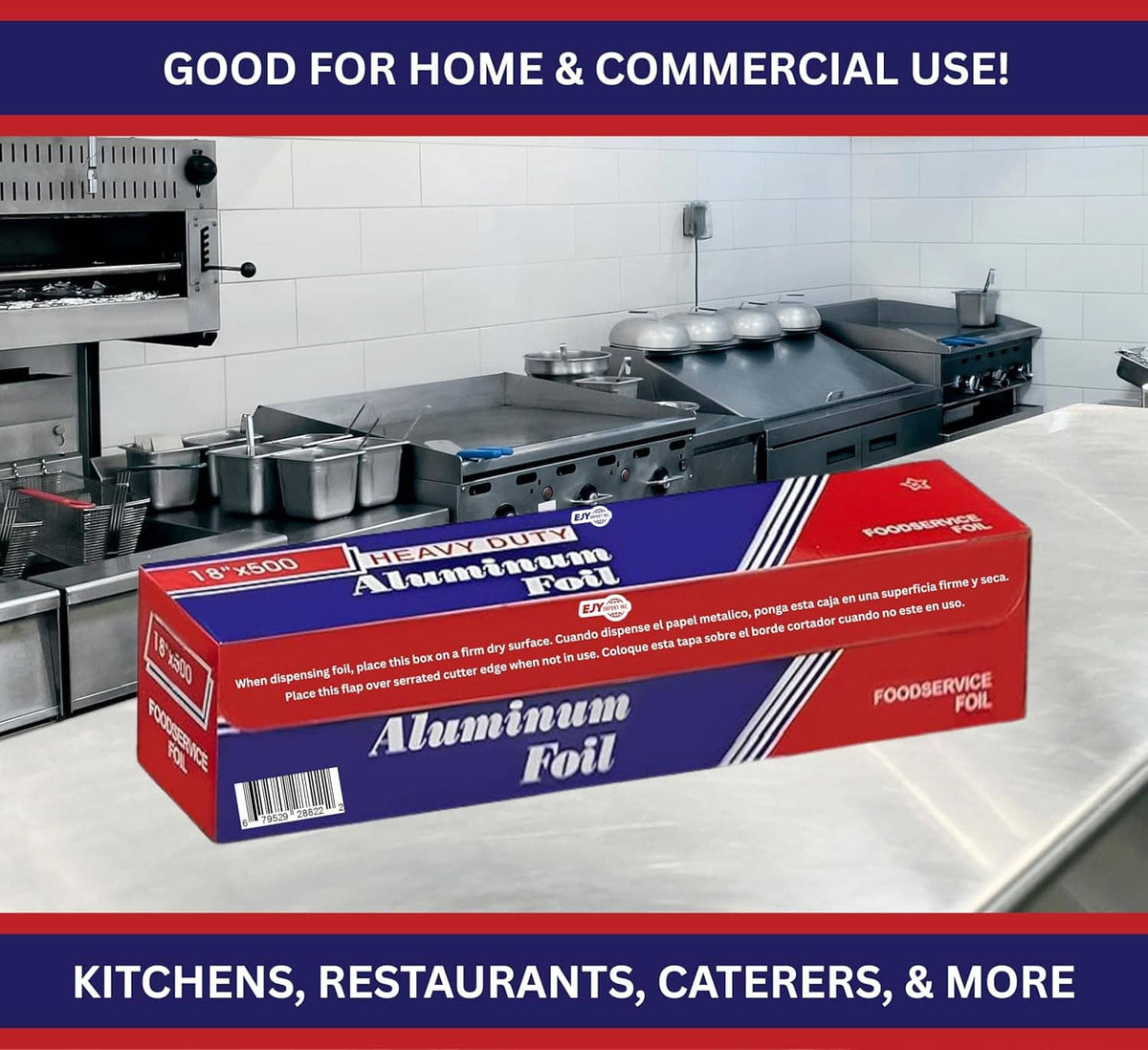 Heavy-duty aluminum foil carton and foil roll on stainless steel kitchen prep area.