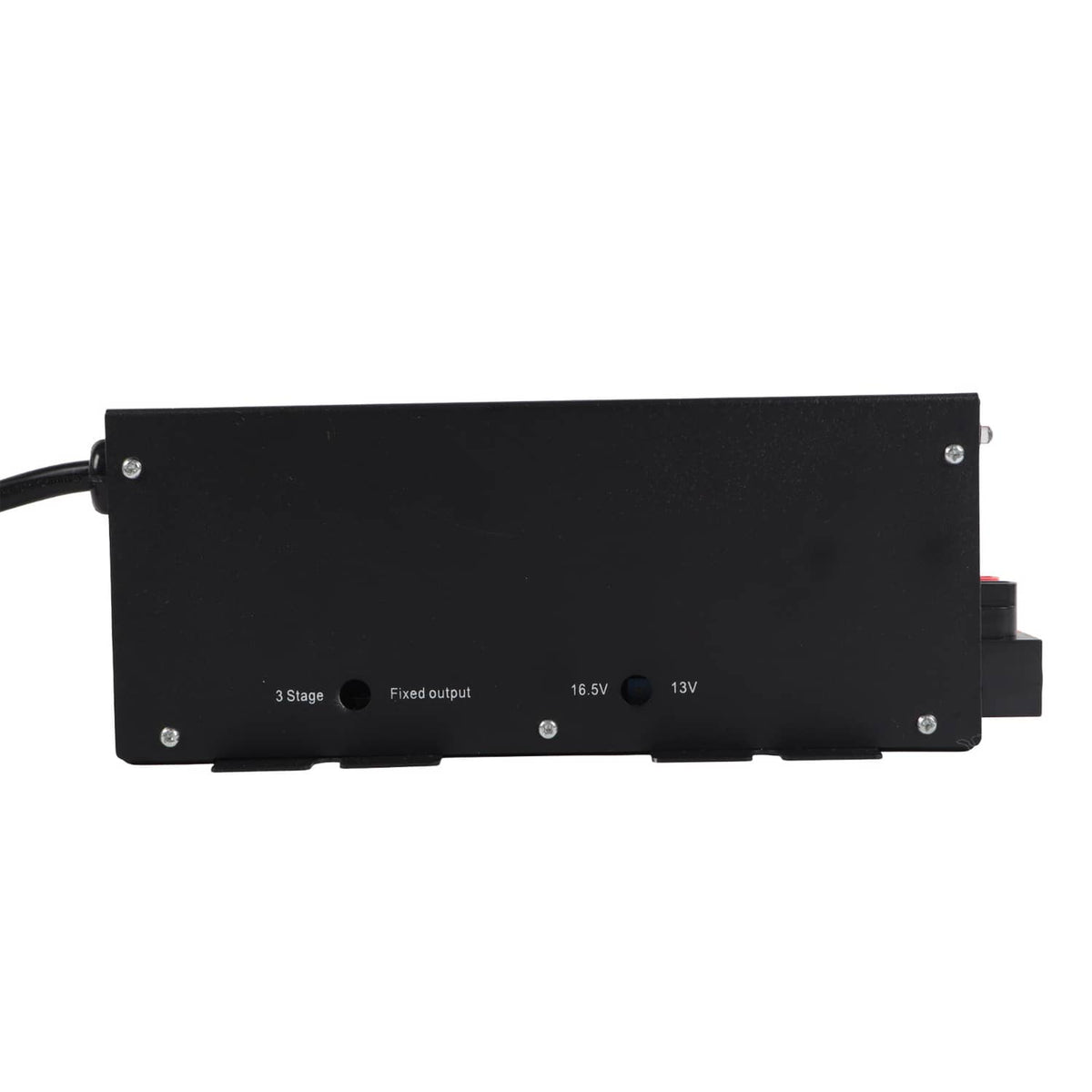 Black RV power converter side panel with indicator markings and vented casing
