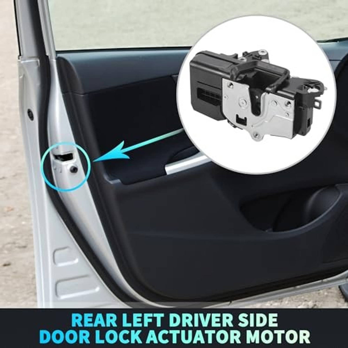 Door lock actuator mounted inside door panel, showing the locking mechanism housing