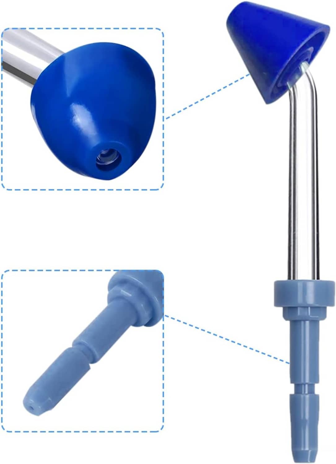Blue nasal rinse tip with metal nozzle and blue connector, close-up