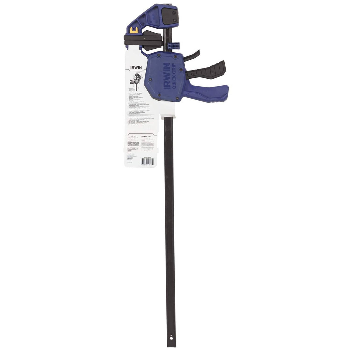 Irwin one-handed bar clamp with blue head and black bar, rear view with instruction tag.