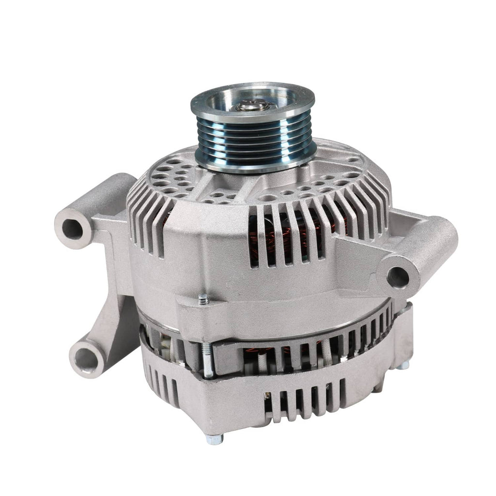 Silver alternator with threaded belt pulley and vented housing, front three-quarter view