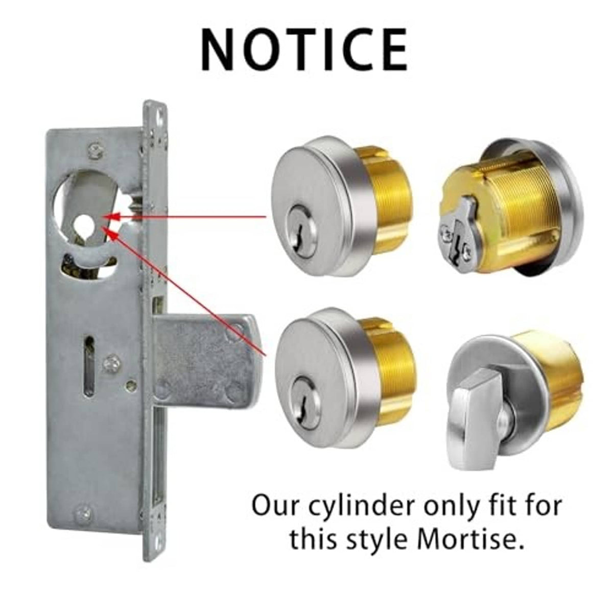 Mortise lock cylinder with silver thumbturn and brass barrel beside mounting plate
