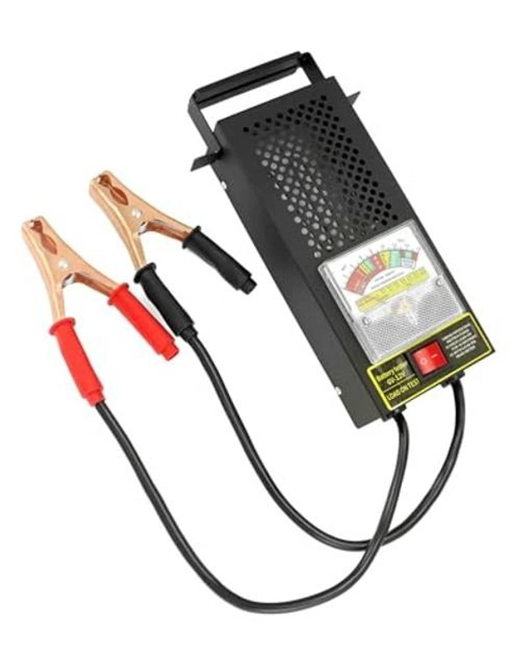 Battery load tester with side handle, perforated grille, and red/black clamp cables