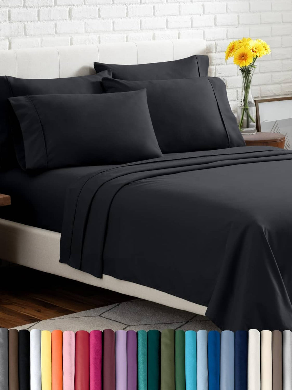 Charcoal microfiber bed sheet set on a bed with matching pillowcases
