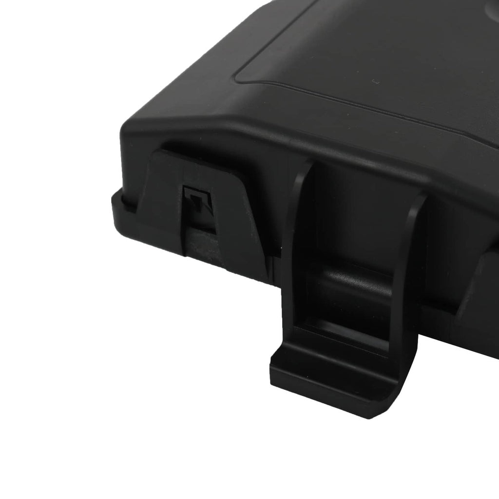 Rear liftgate control module side view with latch tab and dark connector opening