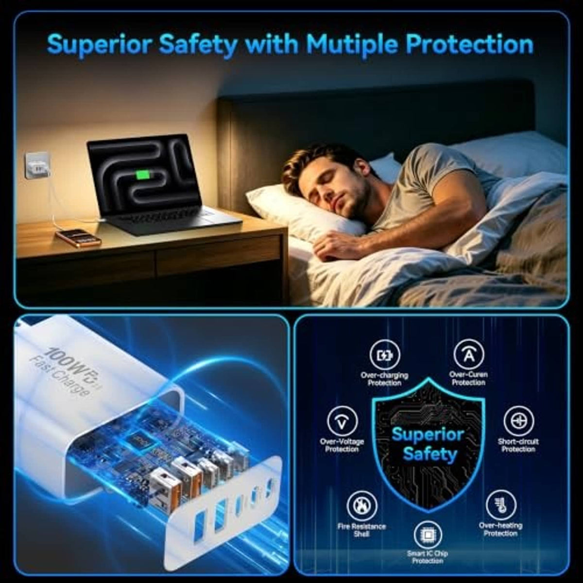 White USB-C charger block with multiple charging ports and built-in safety protection.