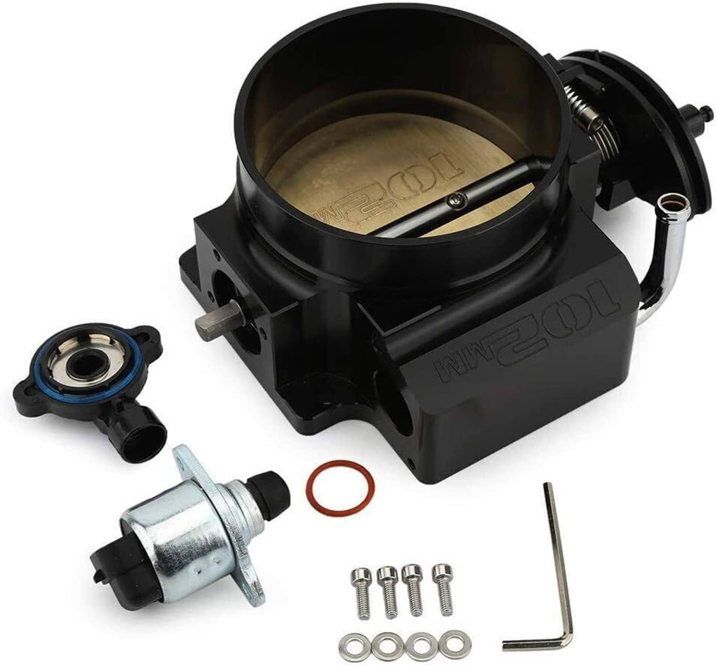 Throttle body with gold intake bore, blue sensor housing, and included gasket and screws