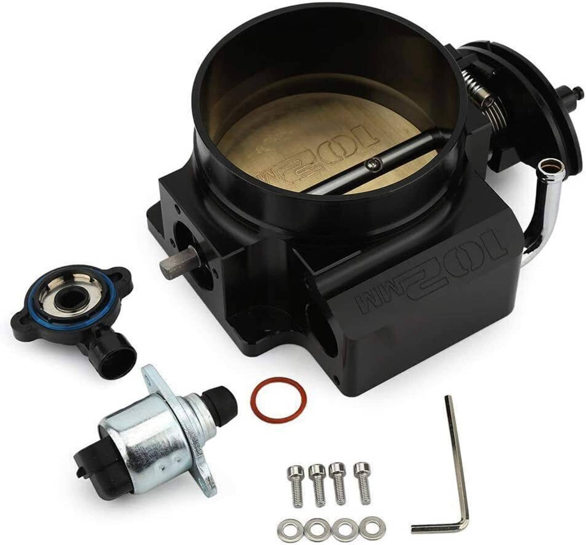 Throttle body with gold intake bore, blue sensor housing, and included gasket and screws