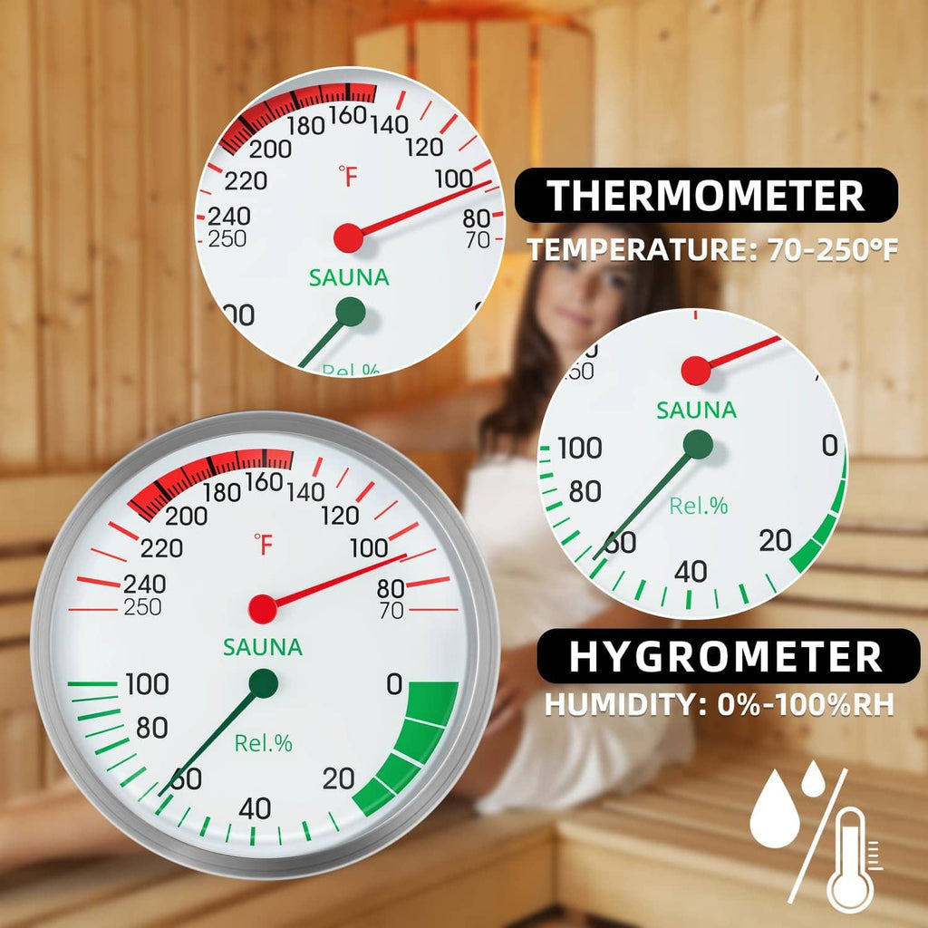 Two round silver sauna dials for temperature and humidity with red and green needles
