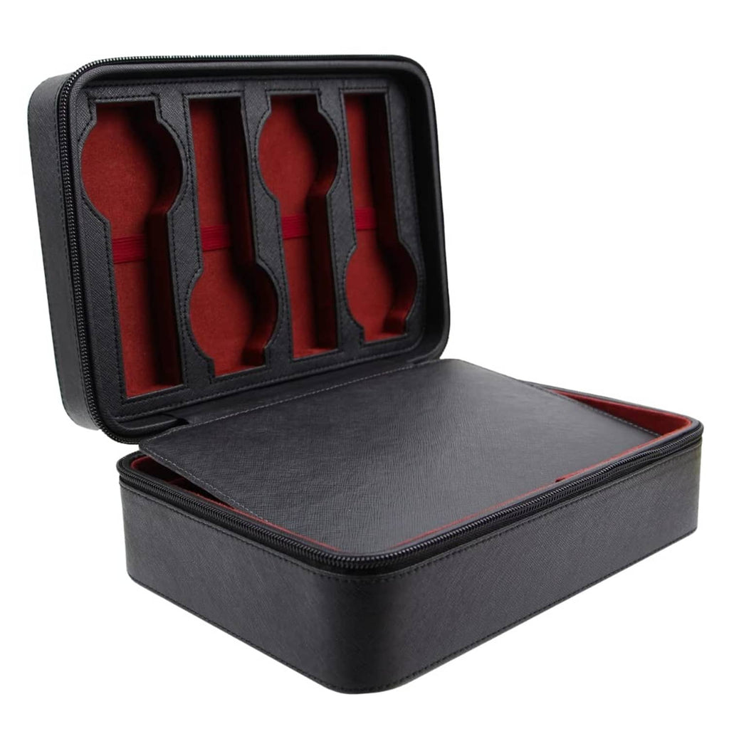 Black PU leather jewelry box with zip-open lid and red-lined accessory slots