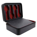 Black PU leather jewelry box with zip-open lid and red-lined accessory slots